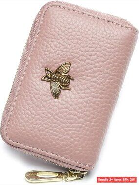 Genuine Leather RFID Card Holder Wallet with Zipper, 14 Slots